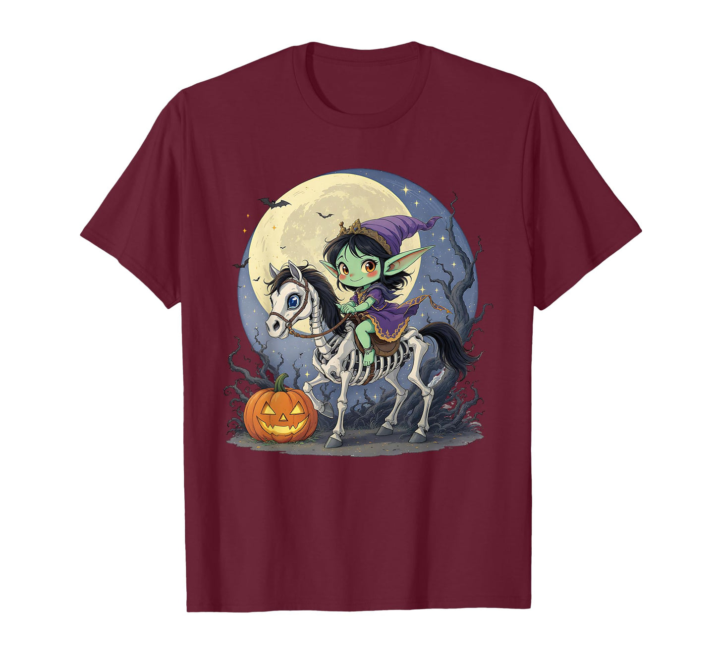 Dark Elf Goblin Troll Girl Riding Horse Skeleton Halloween T-Shirt