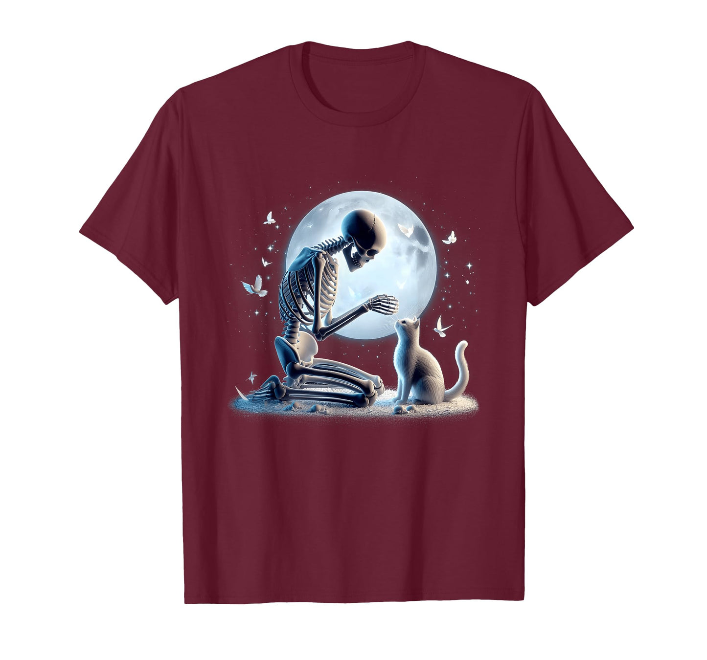Skeleton with Cat Gothic Halloween Moon Scene White Kitty T-Shirt