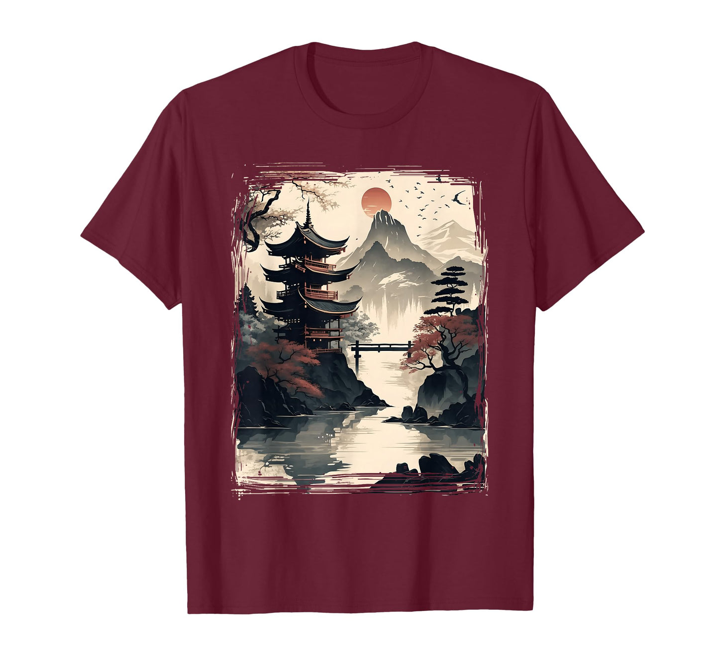 Vintage Japanese Flower Tee Mountain View Landscape Graphic T-Shirt
