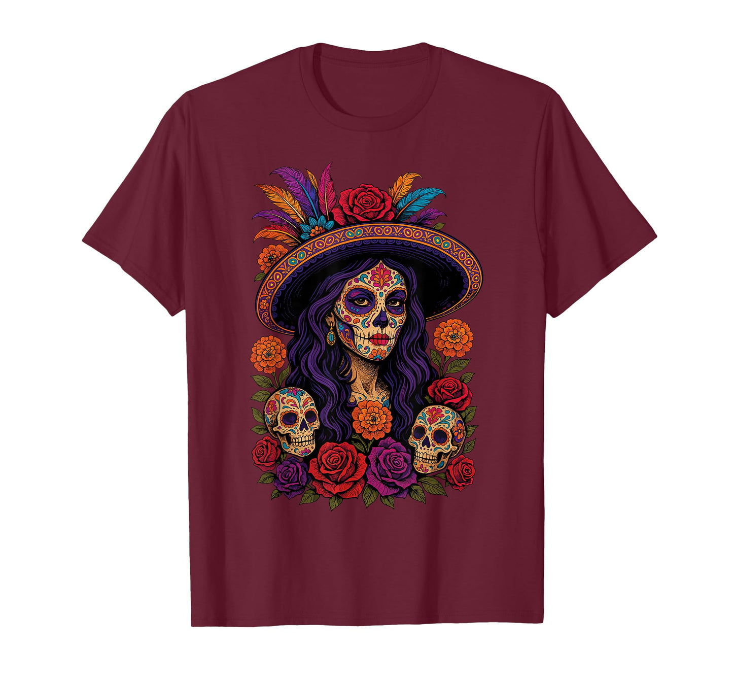 Day of The Dead Dia De Los Muertos Floral Sugar Skull Woman T-Shirt