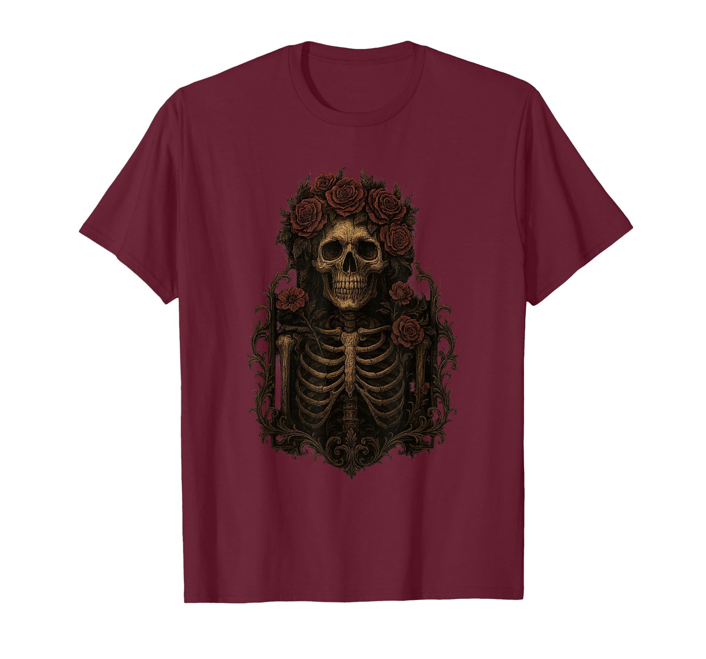 Gothic Skeleton with Roses Elegant Floral Skull Halloween T-Shirt