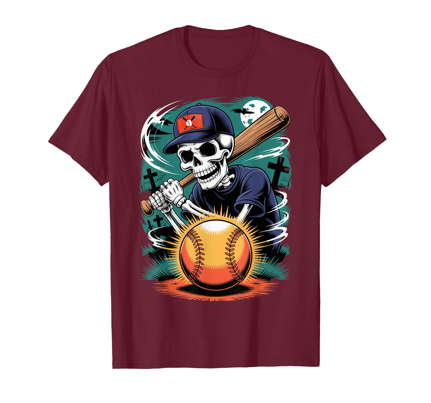 Funny Baseball Skeleton Spooky Sports Halloween T-Shirt