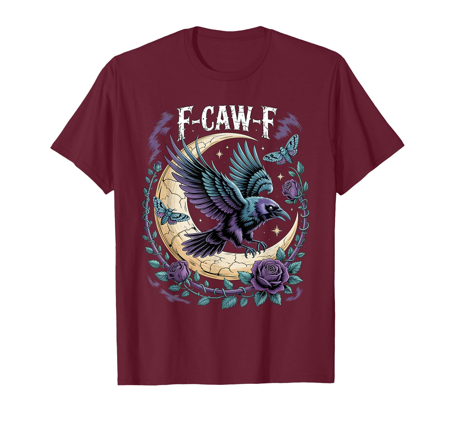 F CAW F Gothic Fly Raven Moon Face Rune Rose Fantasy Moth T-Shirt
