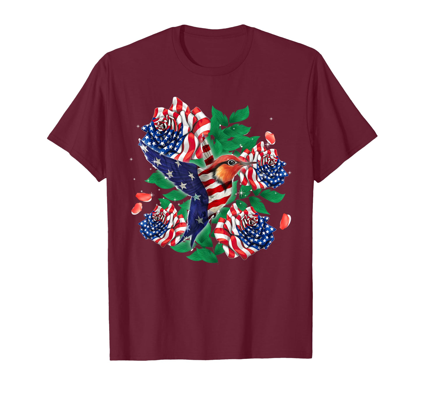 Hummingbird and Rose American Flag Tee Patriotic 4th Of July T-Shirt for Women Men