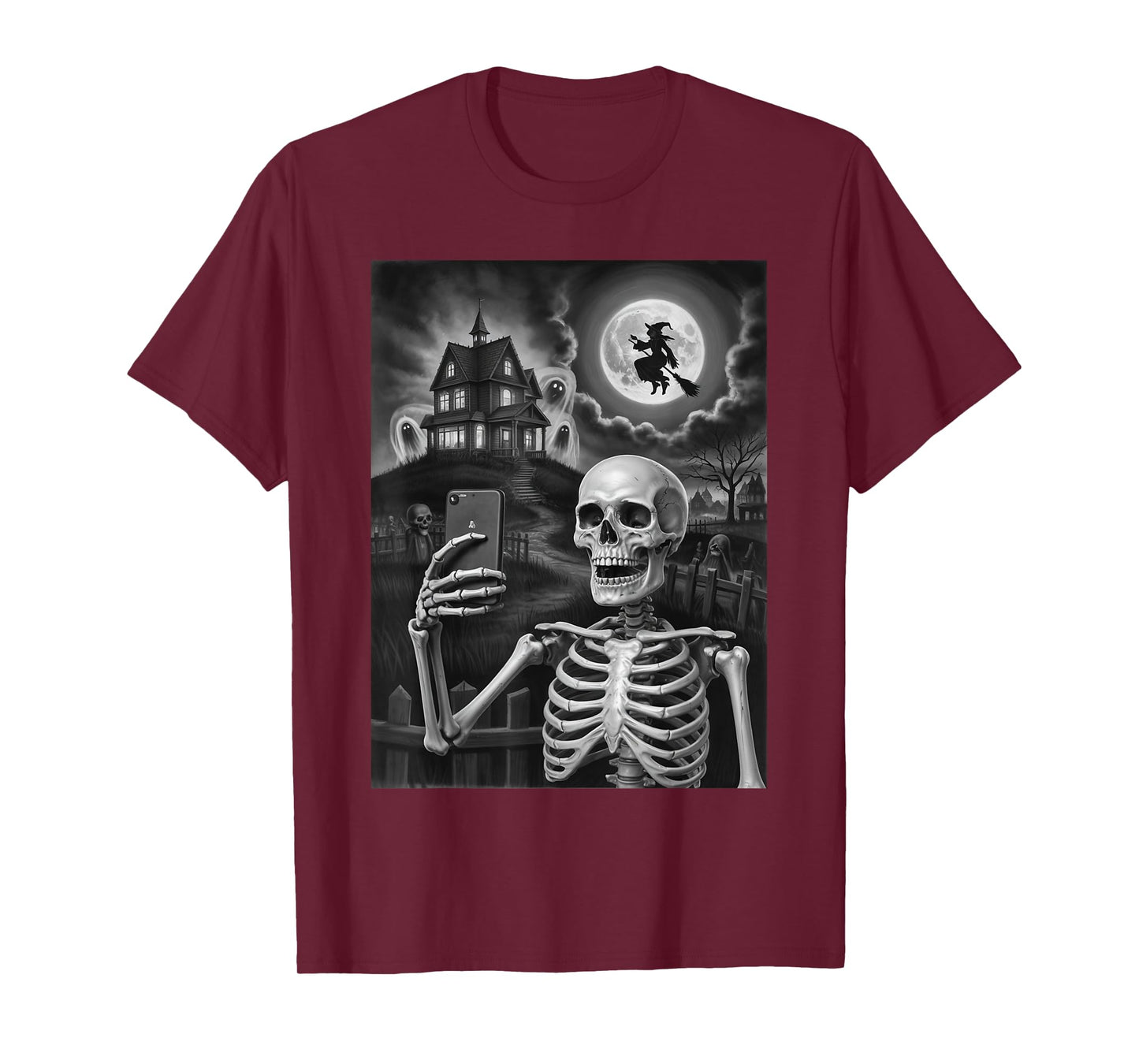 Halloween Skeleton Selfie with Scary House for Men Women Kid T-Shirt