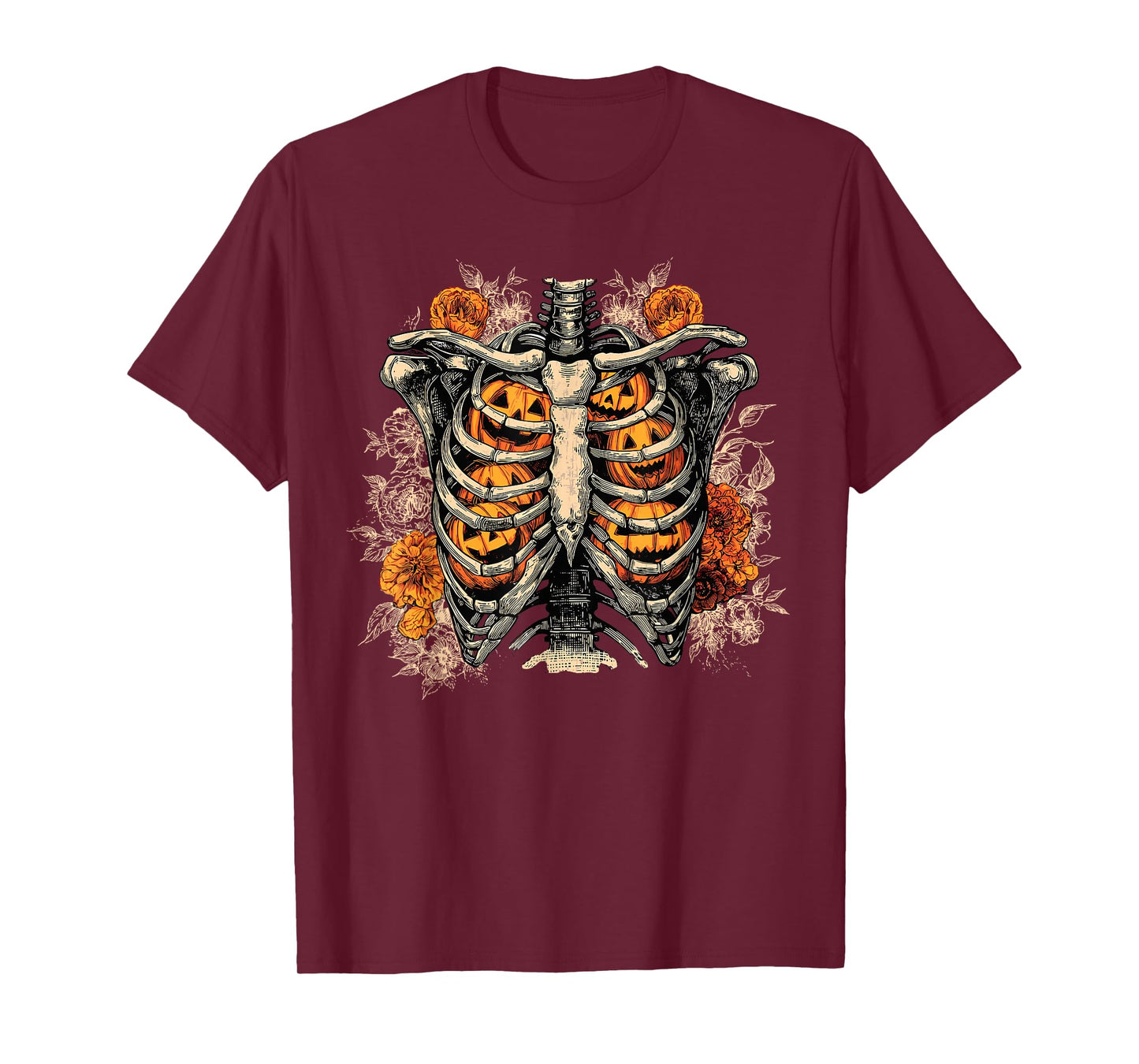 Retro Skeleton Floral Ribcage Pumpkin Fall Halloween Costume T-Shirt