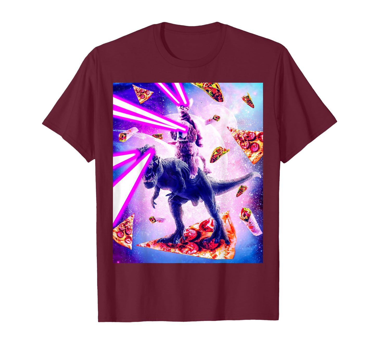 Laser Eyes Space Cat Riding Dog And Dinosaur T-Shirt