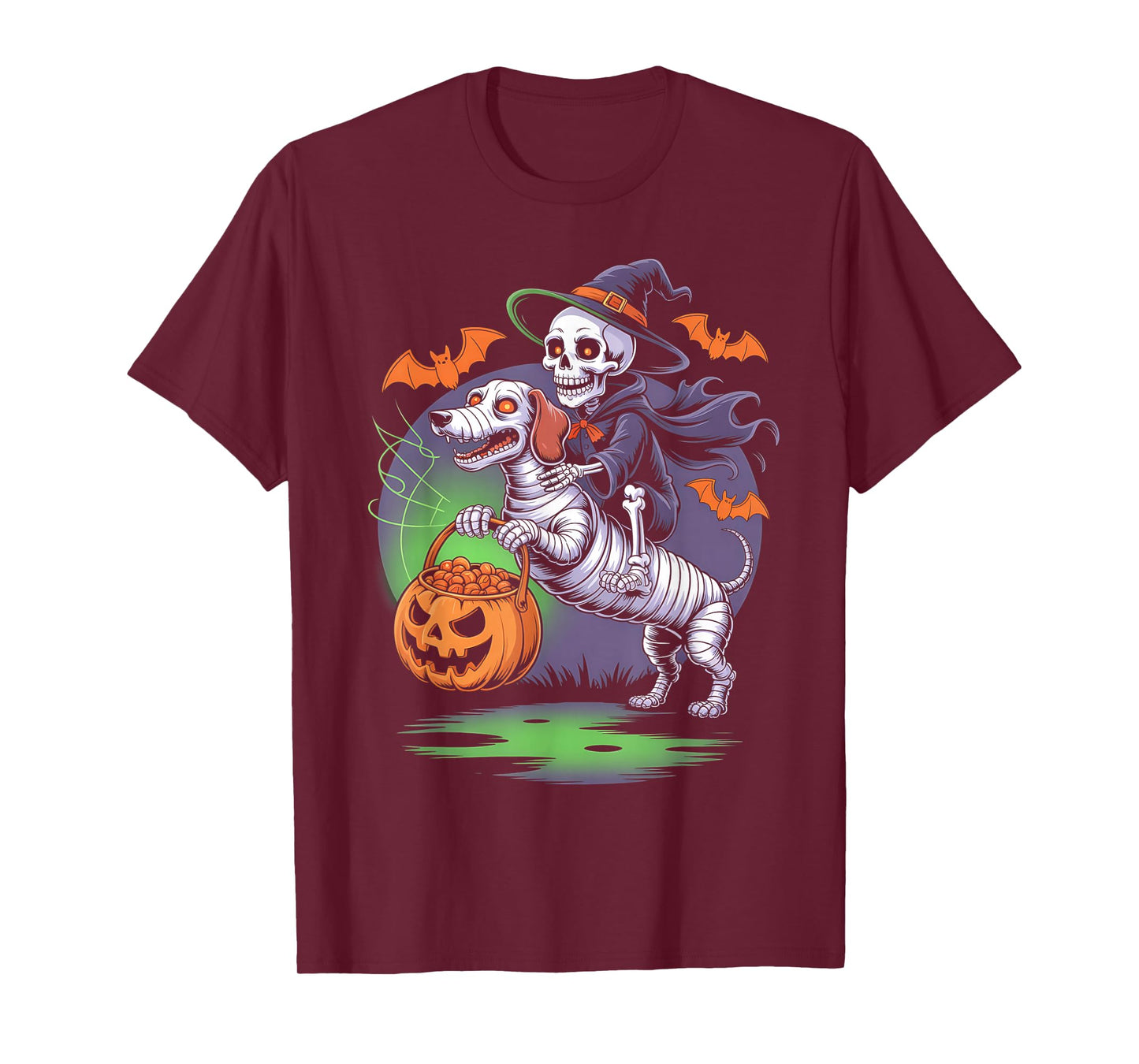 Funny Skeleton Riding Mummy Dachshund Dog Pumpkin Halloween T-Shirt