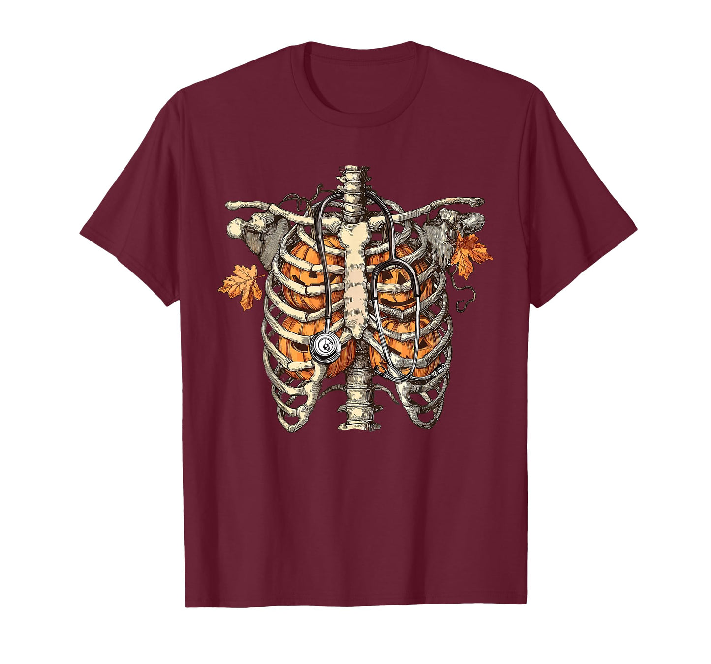Funny Pumpkin Rib Cage Skeleton Halloween Nurse Stethoscope T-Shirt