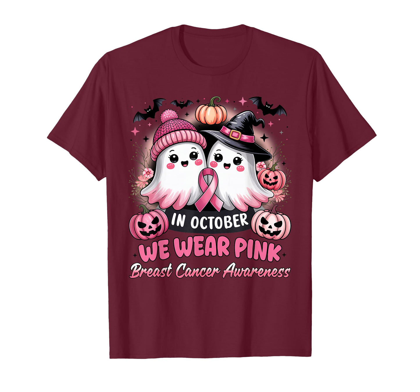 in October We Wear Pink Ghost Witch Breast Cancer Awareness T-Shirt