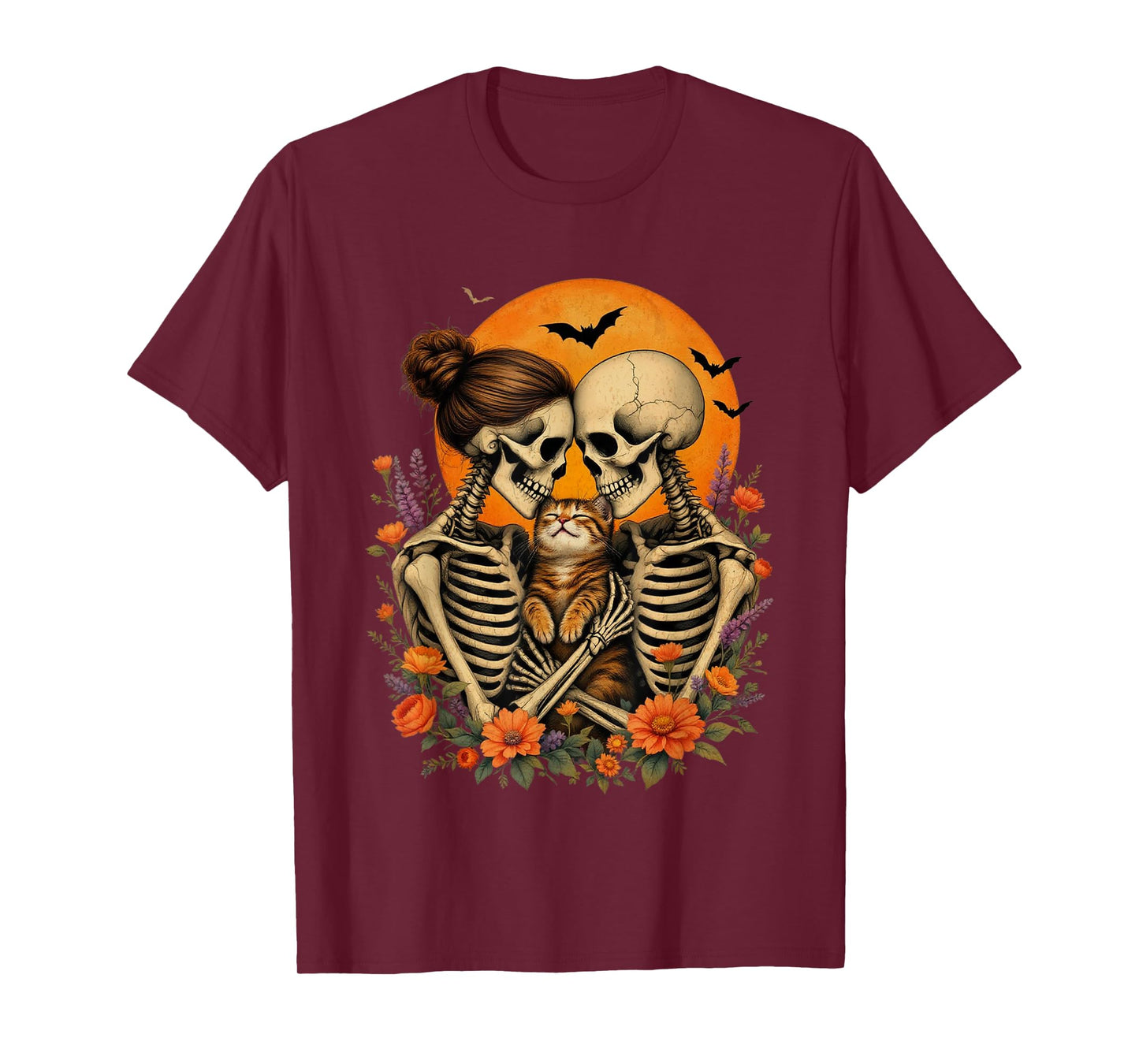 Skeleton Hugging Cat Floral Halloween Cat Lover Mom Costume T-Shirt
