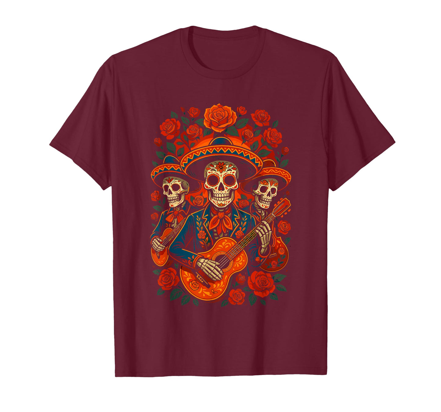 Mariachi Sombrero Costume Dia De Los Muertos Skeleton Guitar T-Shirt