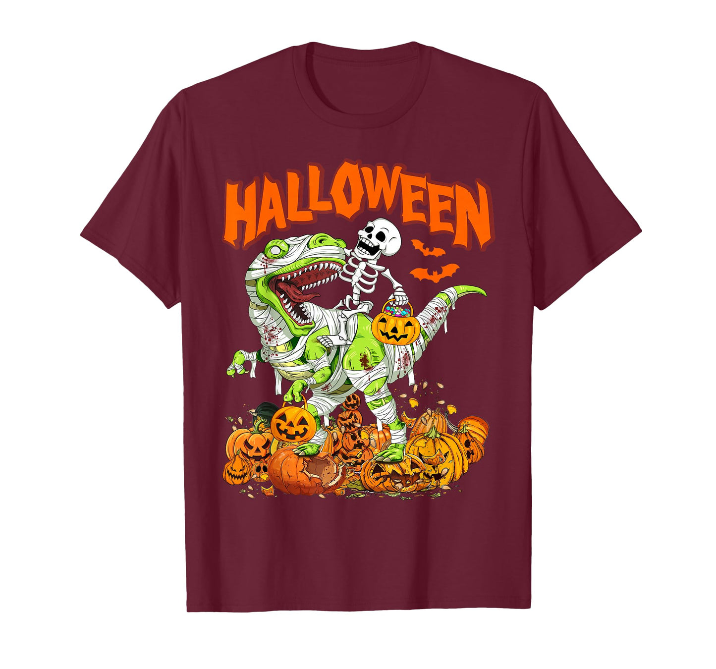 Skeleton Riding Mummy Dinosaur T rex Halloween Pumpkins Kid T-Shirt