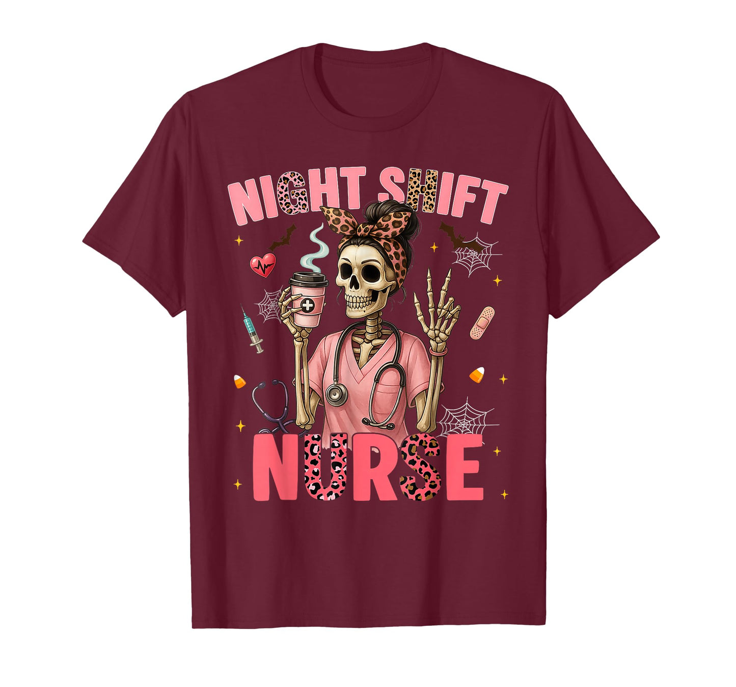 RN ICU Night Shift Nurse Skeleton Halloween Costumes Womens T-Shirt