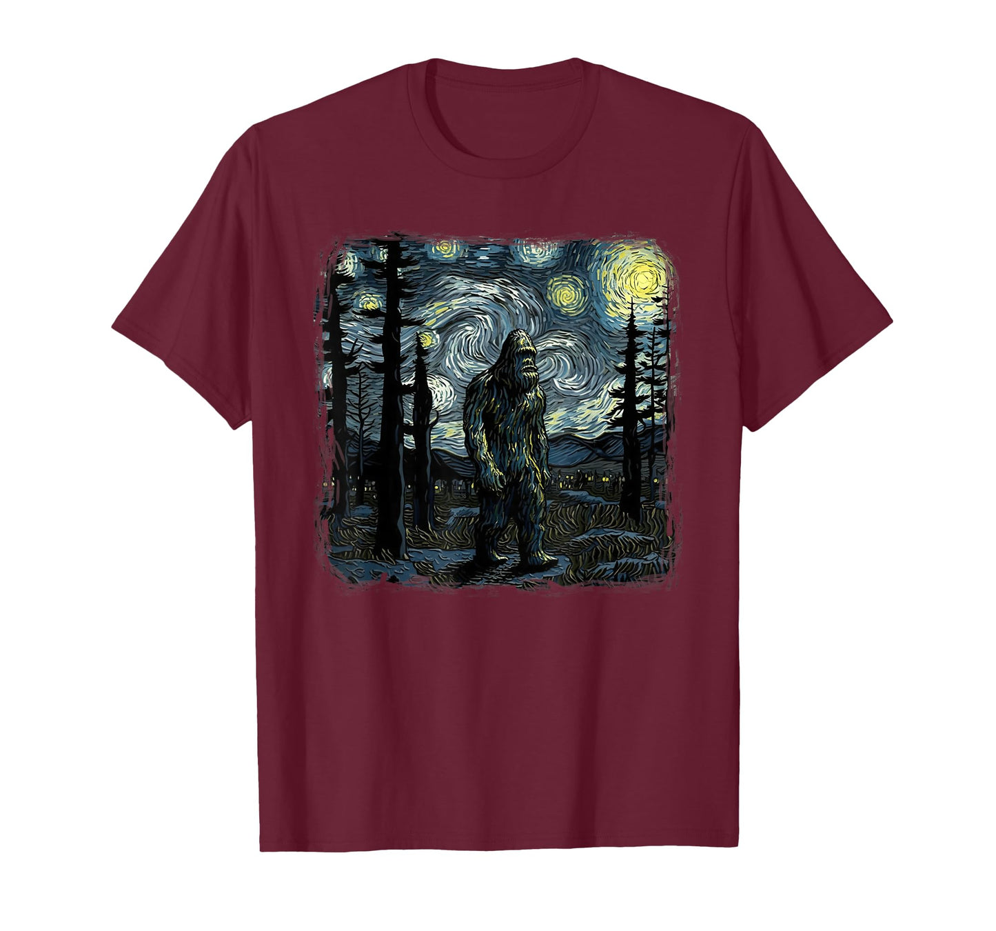 Bigfoot Starry Night Sasquatch Van Gogh Sky Painting Art T-Shirt