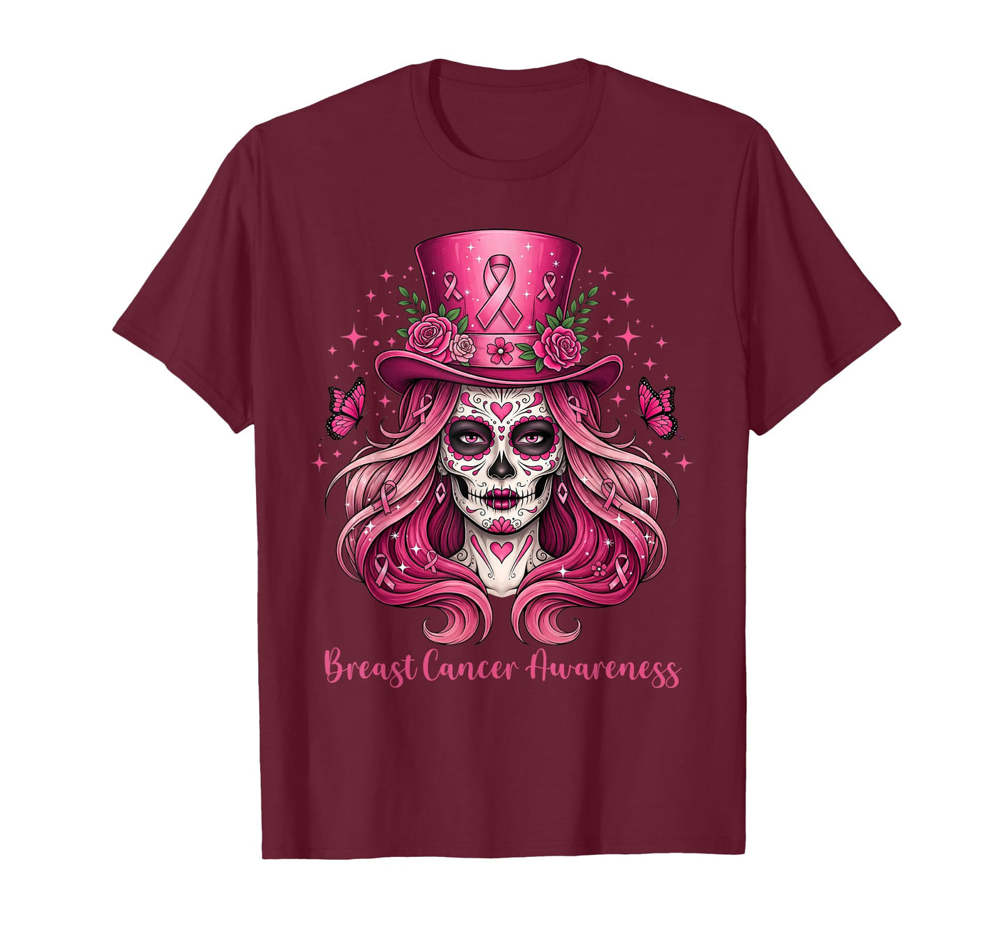 Skull Breast Cancer Awareness Skeleton Women Pink Ribbon T-Shirt