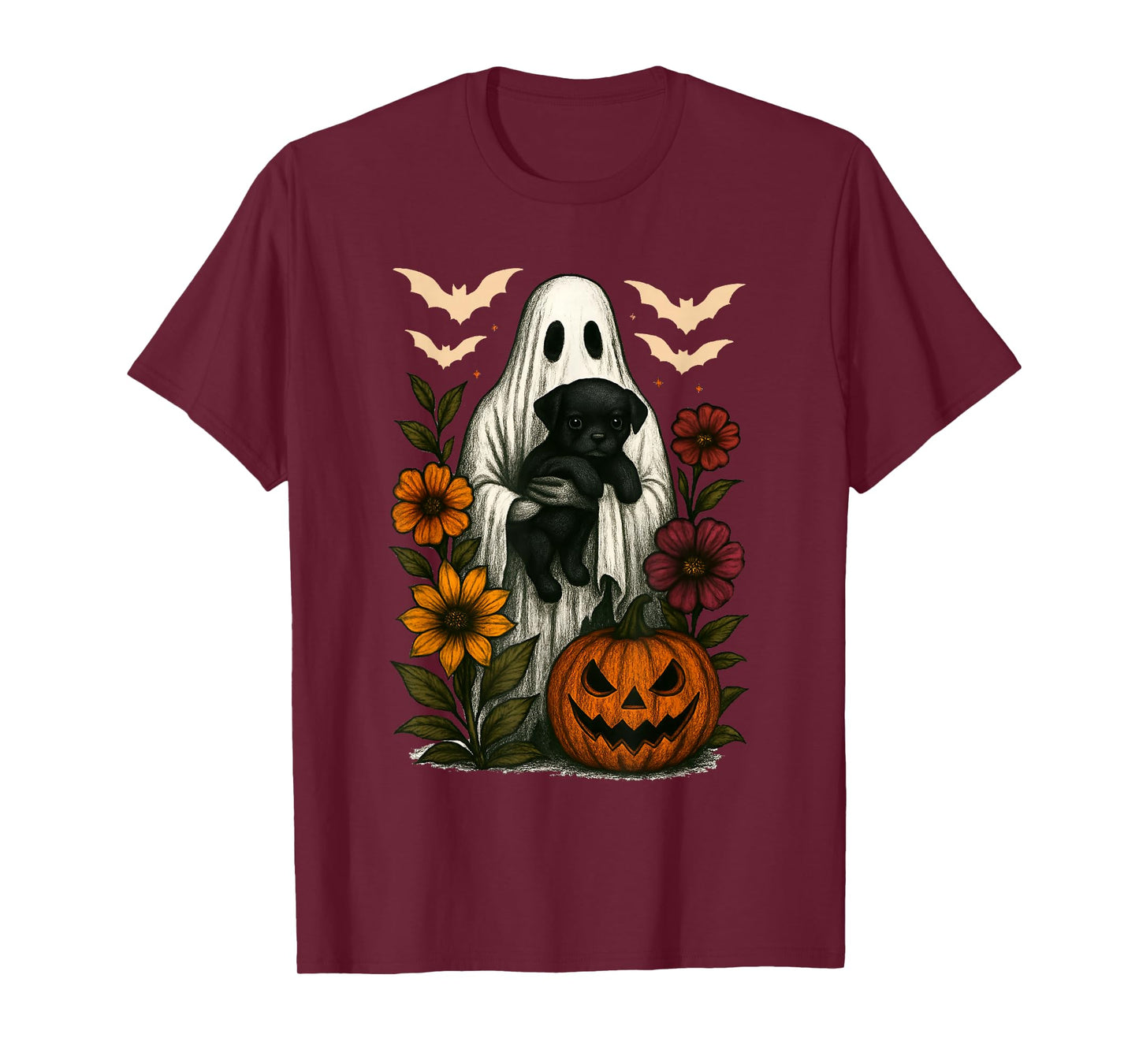 Floral Ghost Black Dog Coquette Funny Halloween Design T-Shirt