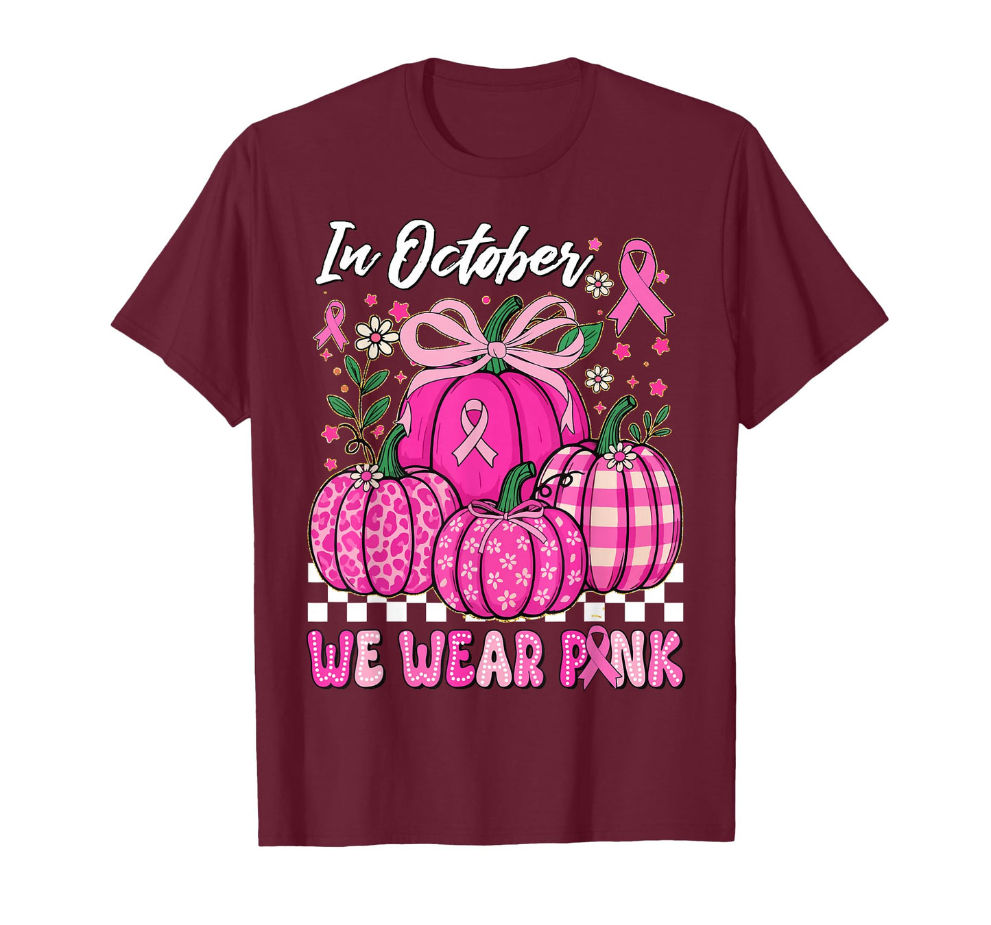 in October We Wear Pink Breast Cancer Bow Pumpkin Halloween T-Shirt