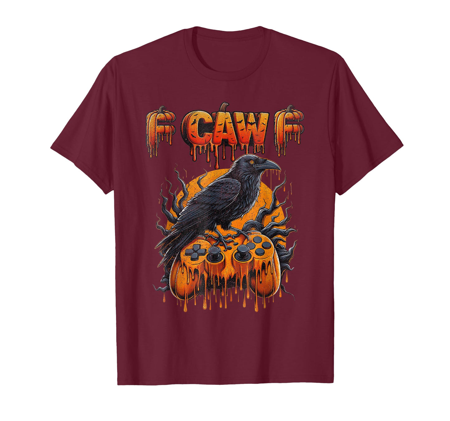F-CAW-F Funny Halloween Gamer Crow on a Pumpkin Controller T-Shirt