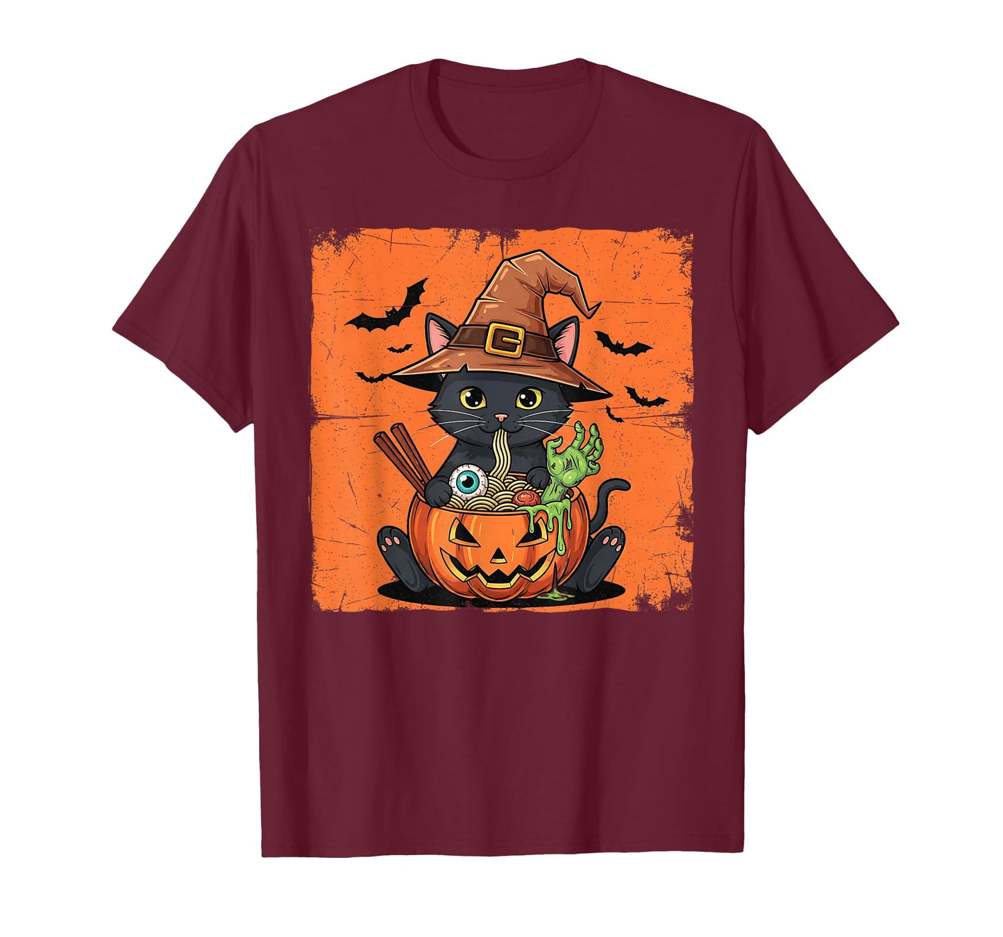 Spooky Black Cat Eating Ramen Halloween Kawaii Japanese T-Shirt
