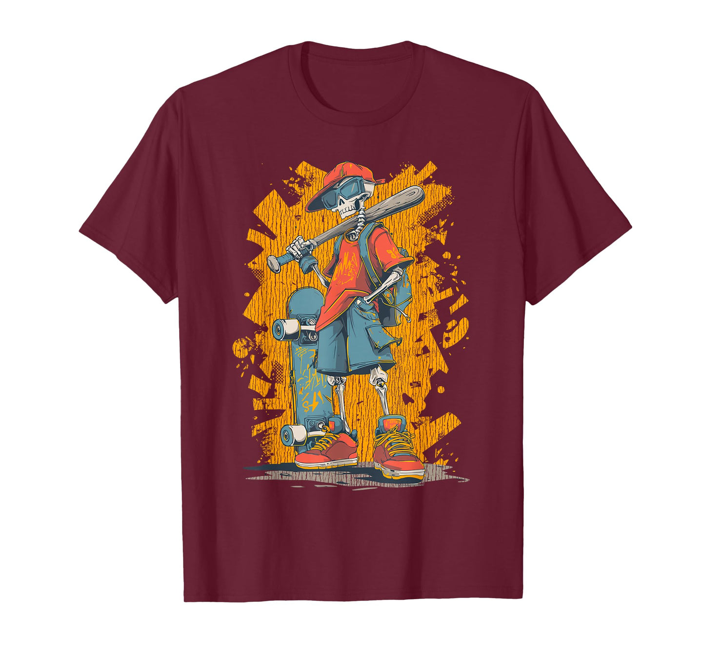 Halloween Skeleton Skater Baseball Bat Graphic Street Style T-Shirt