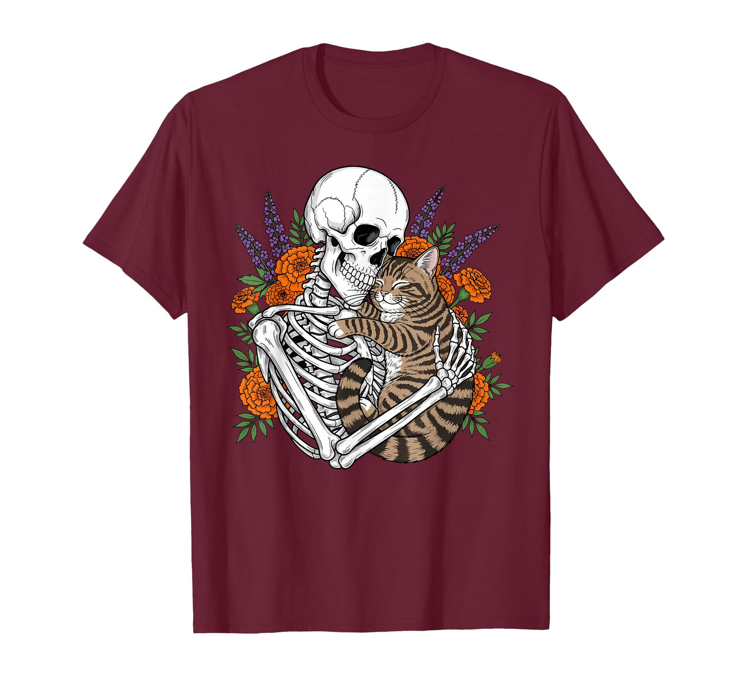 Floral Skeleton Hugging Cat Halloween Gothic Aesthetic T-Shirt