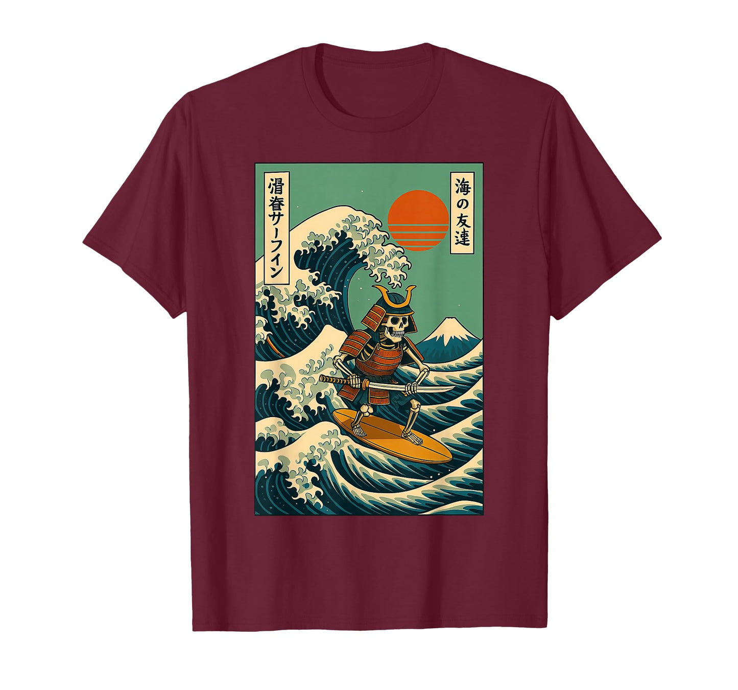 Skeleton Samurai Surfing Japanese Wave T-Shirt