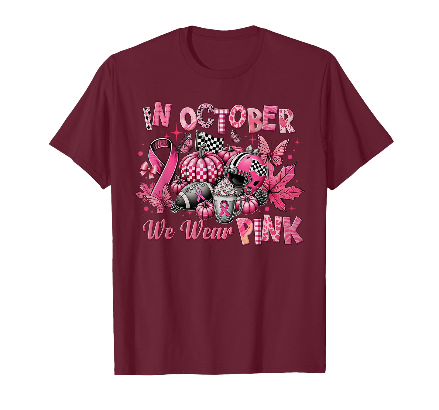 in October We Wear Pink Ribbon Pumpkin Breast Cancer T-Shirt