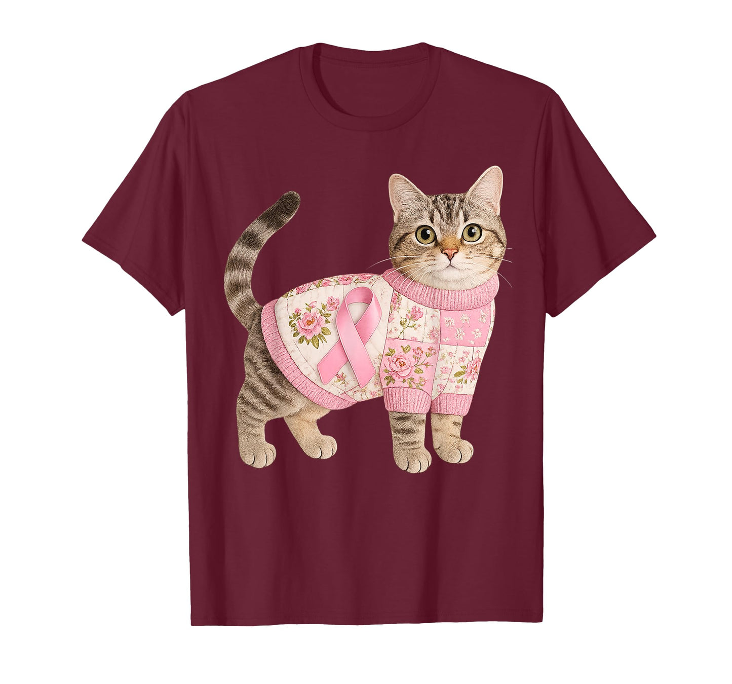 Cat Pink Ribbon Breast Cancer Cat Pattern Felt Art T-Shirt