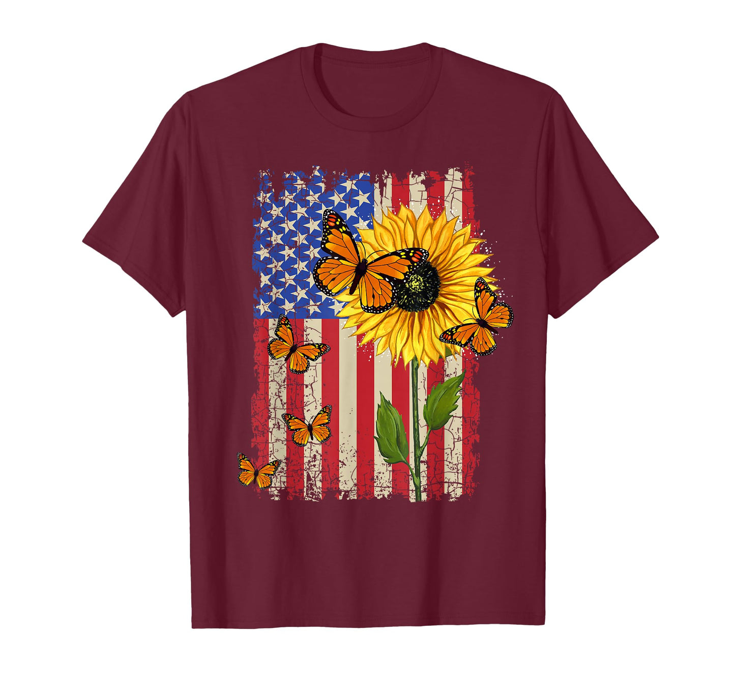Sunflower Monarch Butterflies Patriotic American Flag Womens T-Shirt