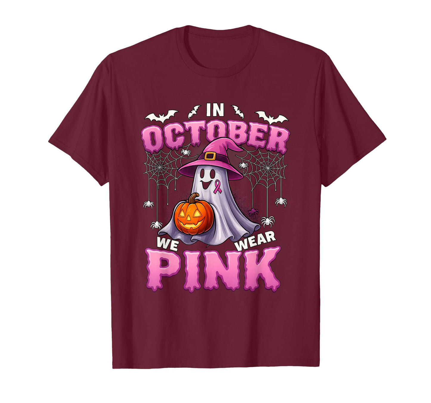 In October We Wear Pink Ghost Witch Breast Cancer Awareness T-Shirt