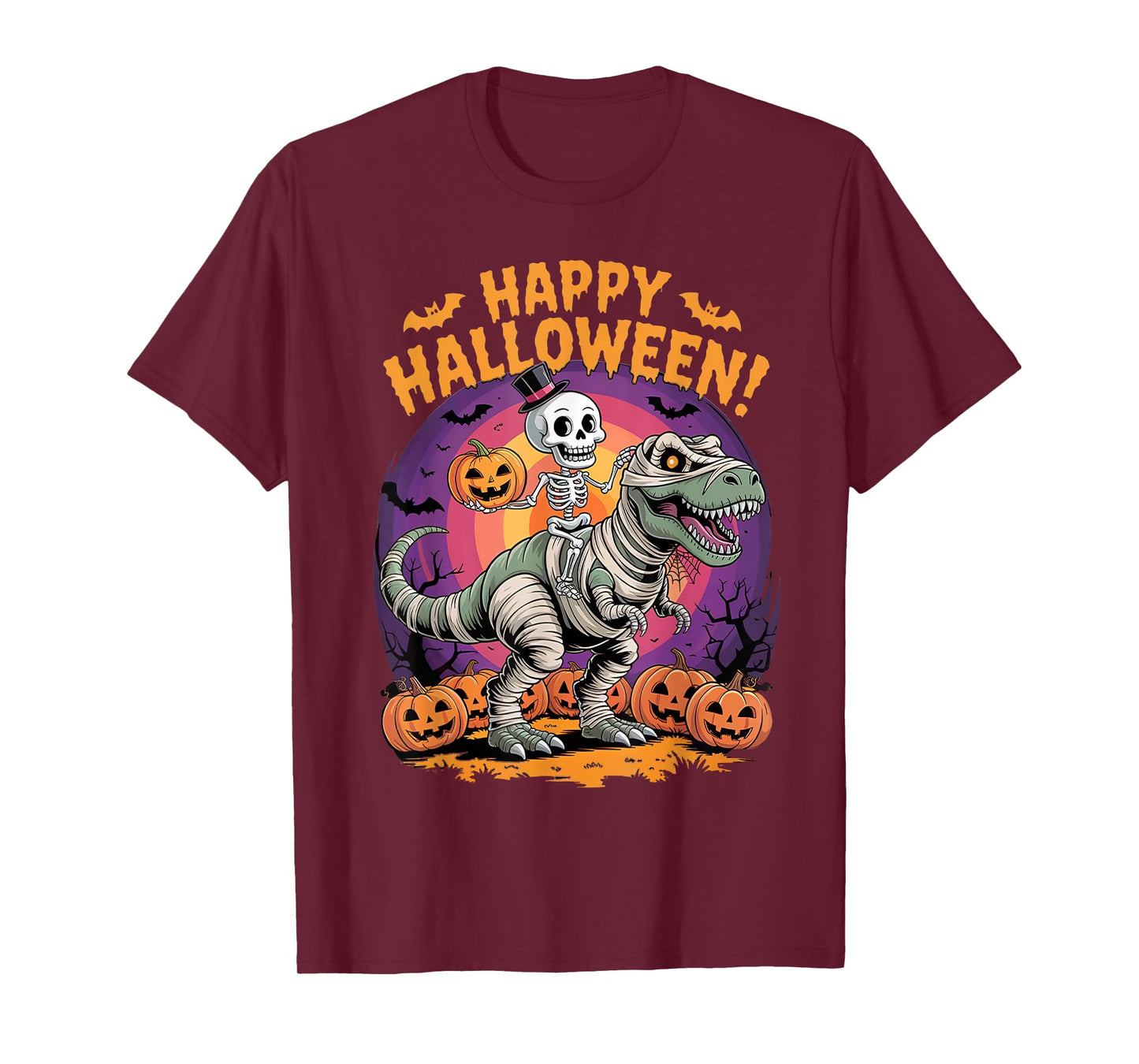 Mummy Skeleton Riding Dinosaur T Rex Kids Boys Men Halloween T-Shirt
