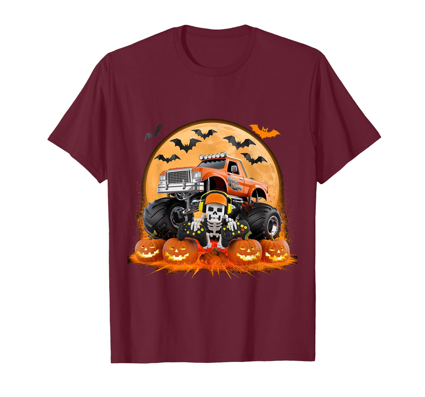 Kids Halloween Pixel Skeleton Gamer Monster Truck Pumpkin T-Shirt