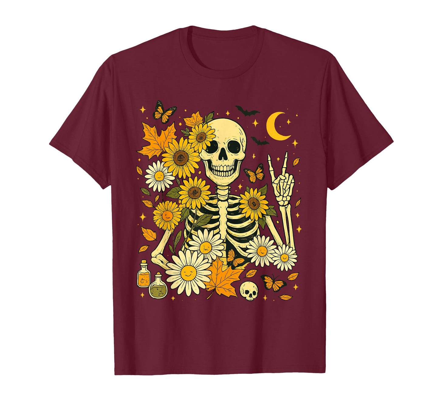 Retro Fall Skeleton Floral Skull Aesthetic Halloween T-Shirt