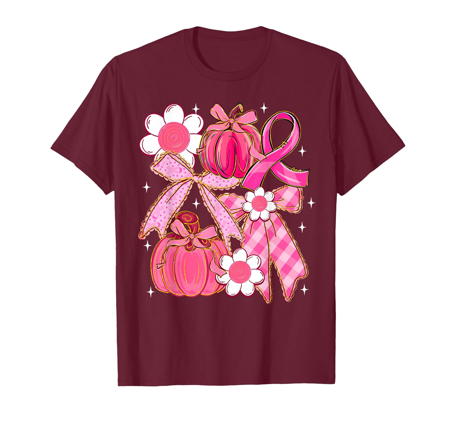 Coquette Bow Pink Pumpkin Wildflower Breast Cancer Awareness T-Shirt