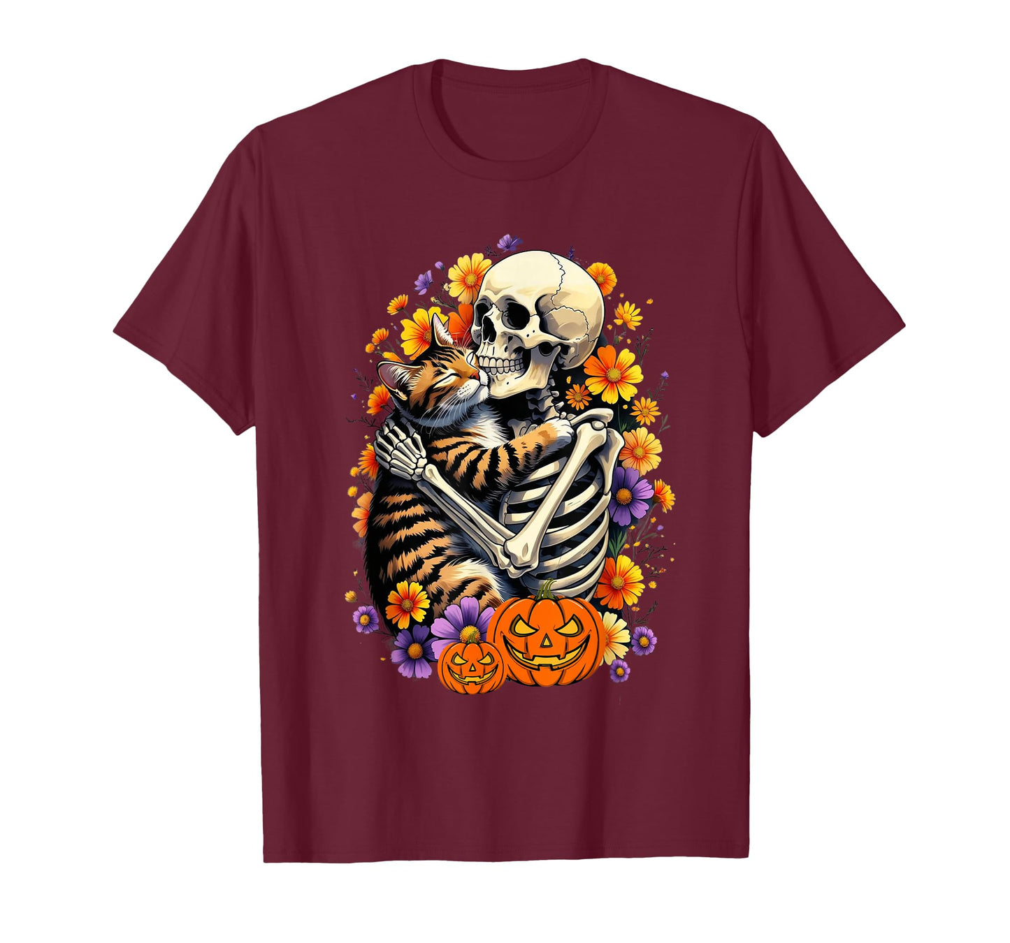 Skeleton Hugging Cat Floral Halloween Pumpkin Cats Lover T-Shirt