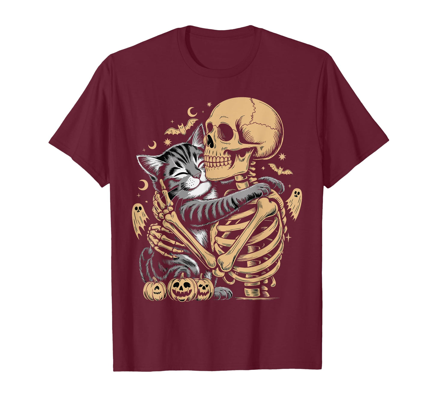 Skeleton Hugging Cat Halloween Cat Lover T-Shirt