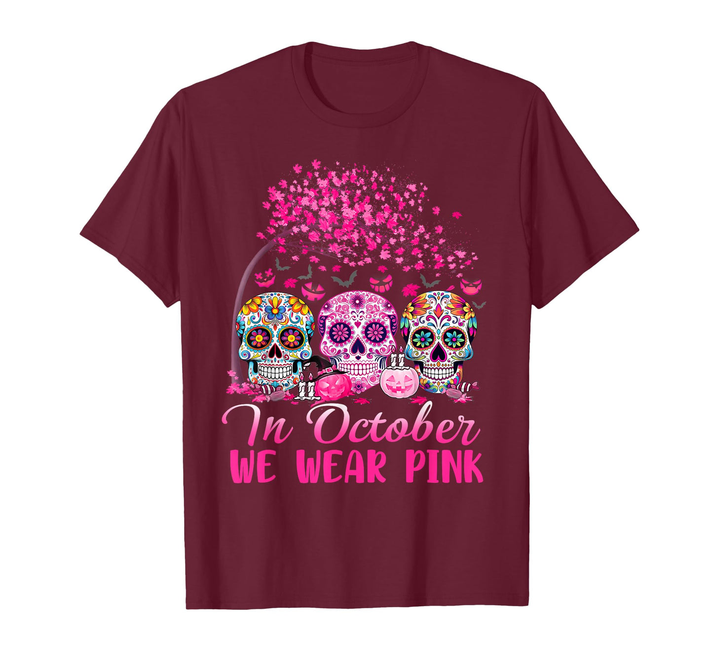In October We Wear Pink Sugar Skull Halloween Breast Cancer T-Shirt
