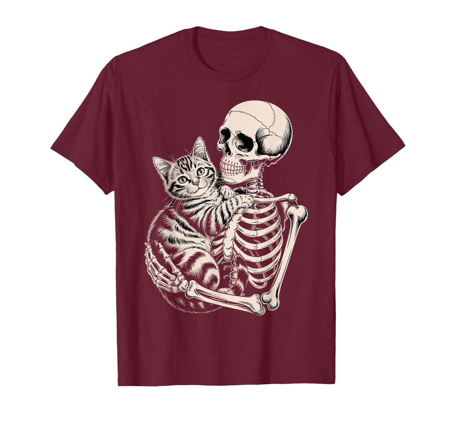 Skeleton Hugging Cat Funny Halloween Cat Lover T-Shirt