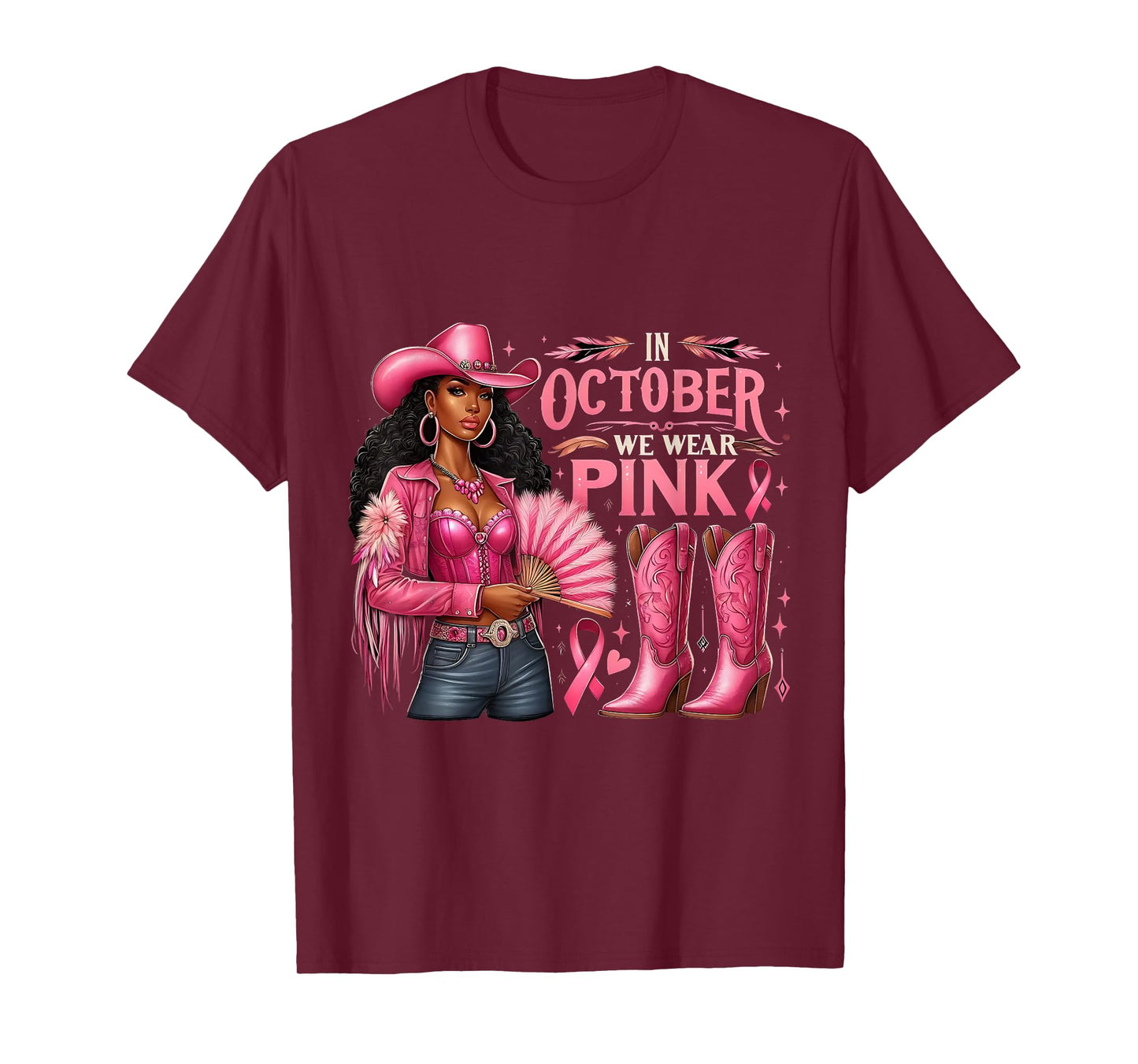in October We Wear Pink Cowgirl Melanin Rodeo Breast Cancer T-Shirt