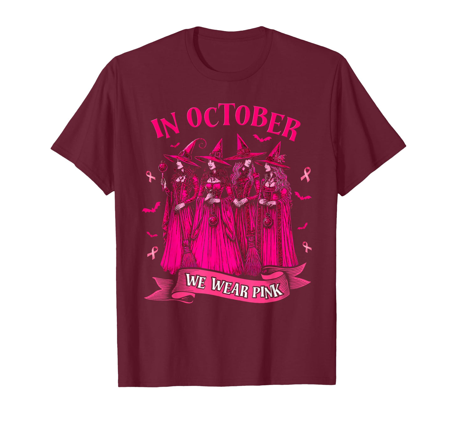 in October We Wear Pink Witch Halloween Breast Cancer Women T-Shirt