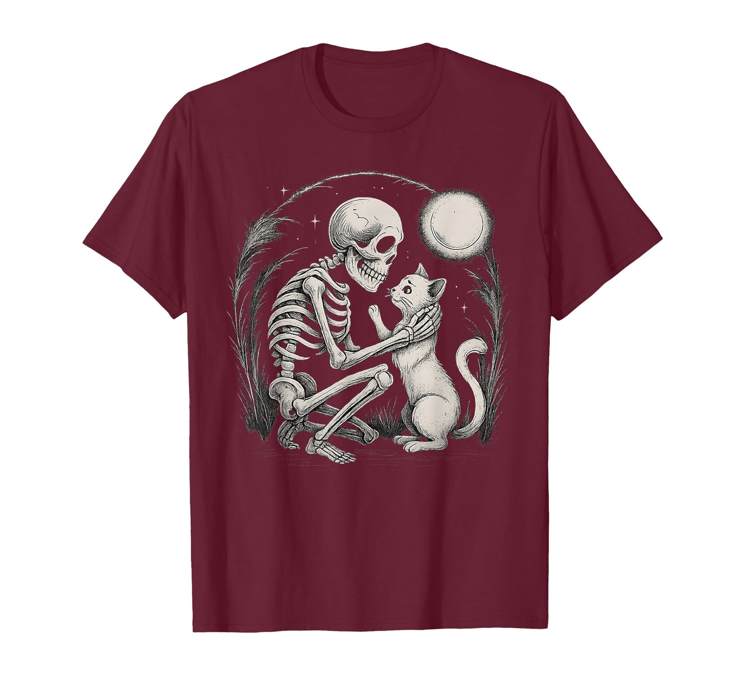 Skeleton Cat Moon Night Halloween Funny Cute Men Women Lazy T-Shirt