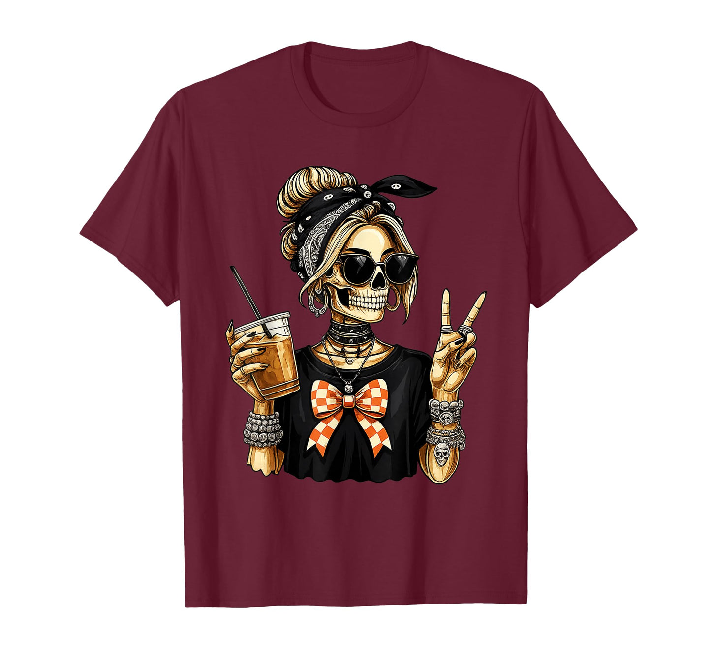 Skeleton Girl Drinking Coffee Peace Sign Graphic for Women T-Shirt