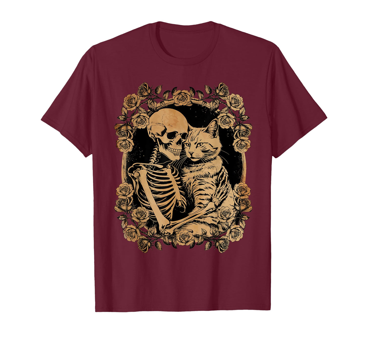 Halloween Skeleton Hugging Black Cat Lover Gift Gothic Funny T-Shirt