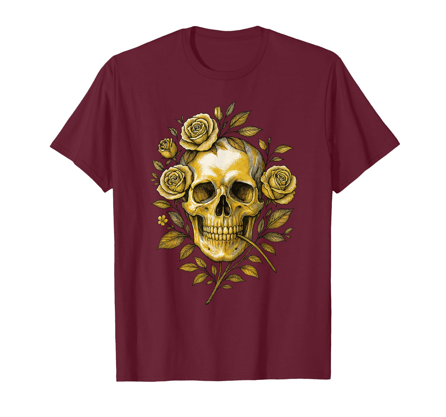 Floral Mexican Skull with Rose Details and Gothic Head T-Shirt