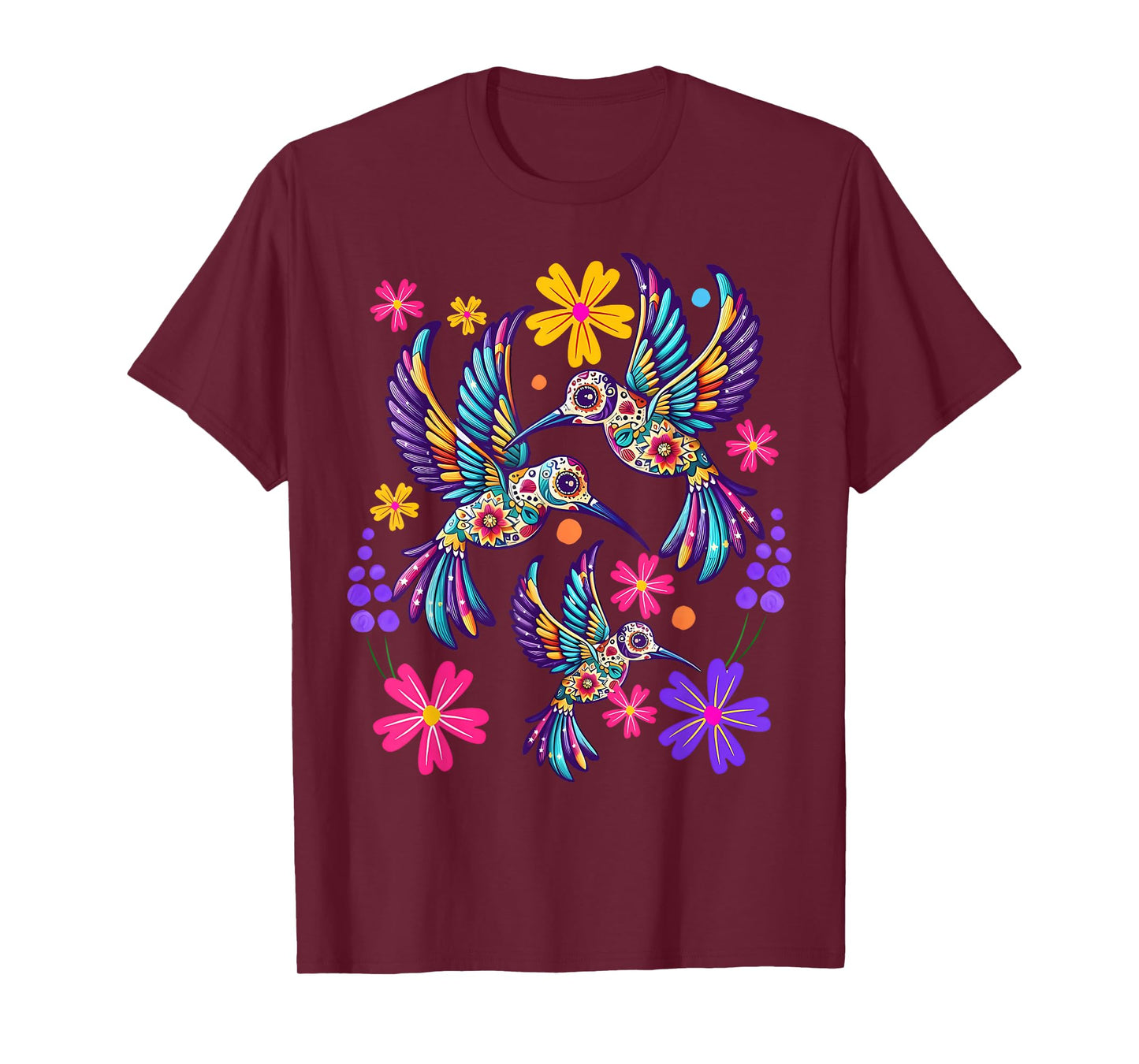 Hummingbird Colorful Mexican Flowers Bird Floral Nature T-Shirt