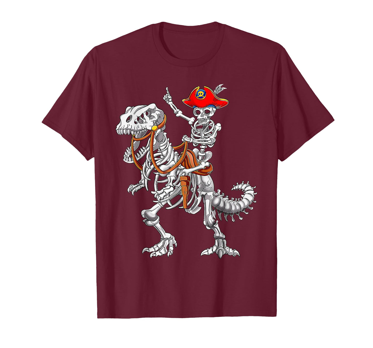 Skeleton Pirate Riding Skeleton Dinosaur Halloween T-Shirt