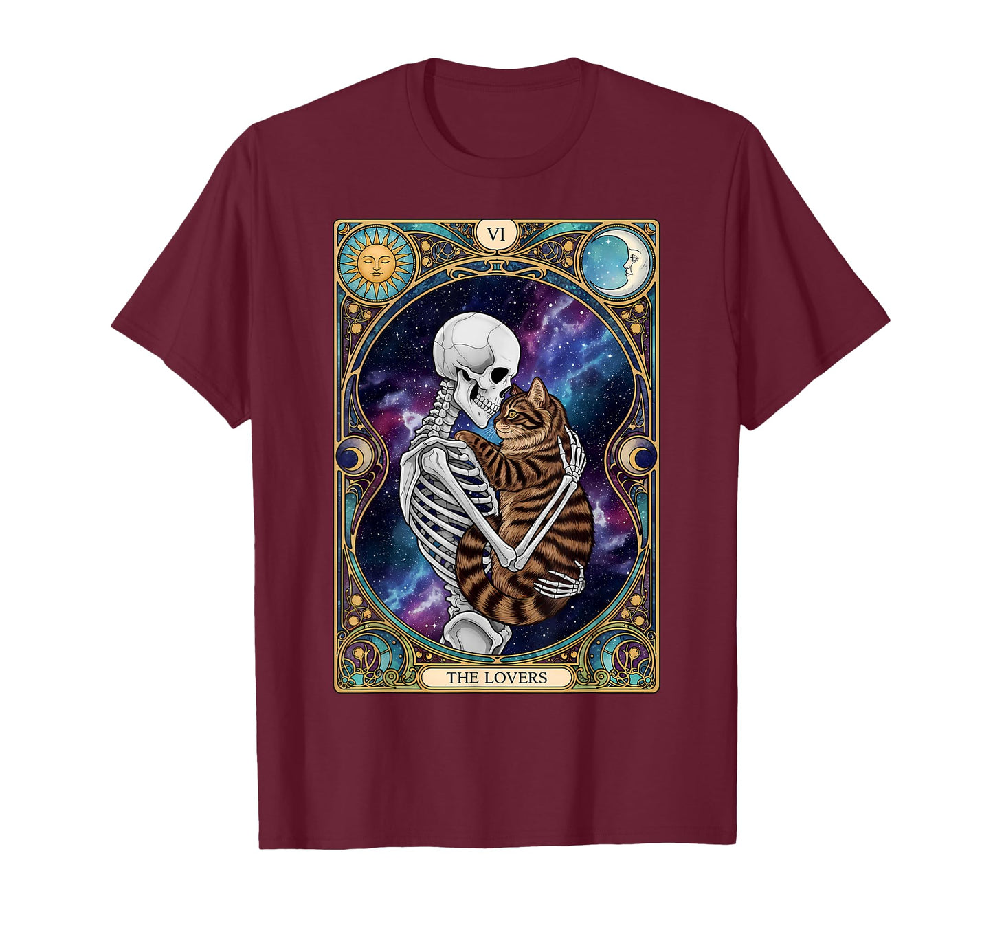 Skeleton Hugging Cat Halloween Cat Tarot Card Men Women Kids T-Shirt