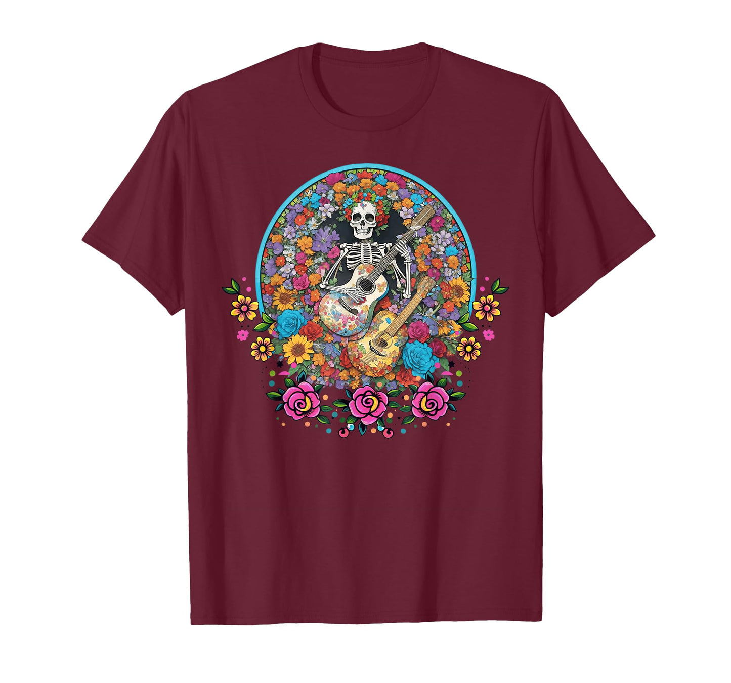 Catrina Day Floral Sugar Skull Guitar Los Muertos Halloween T-Shirt