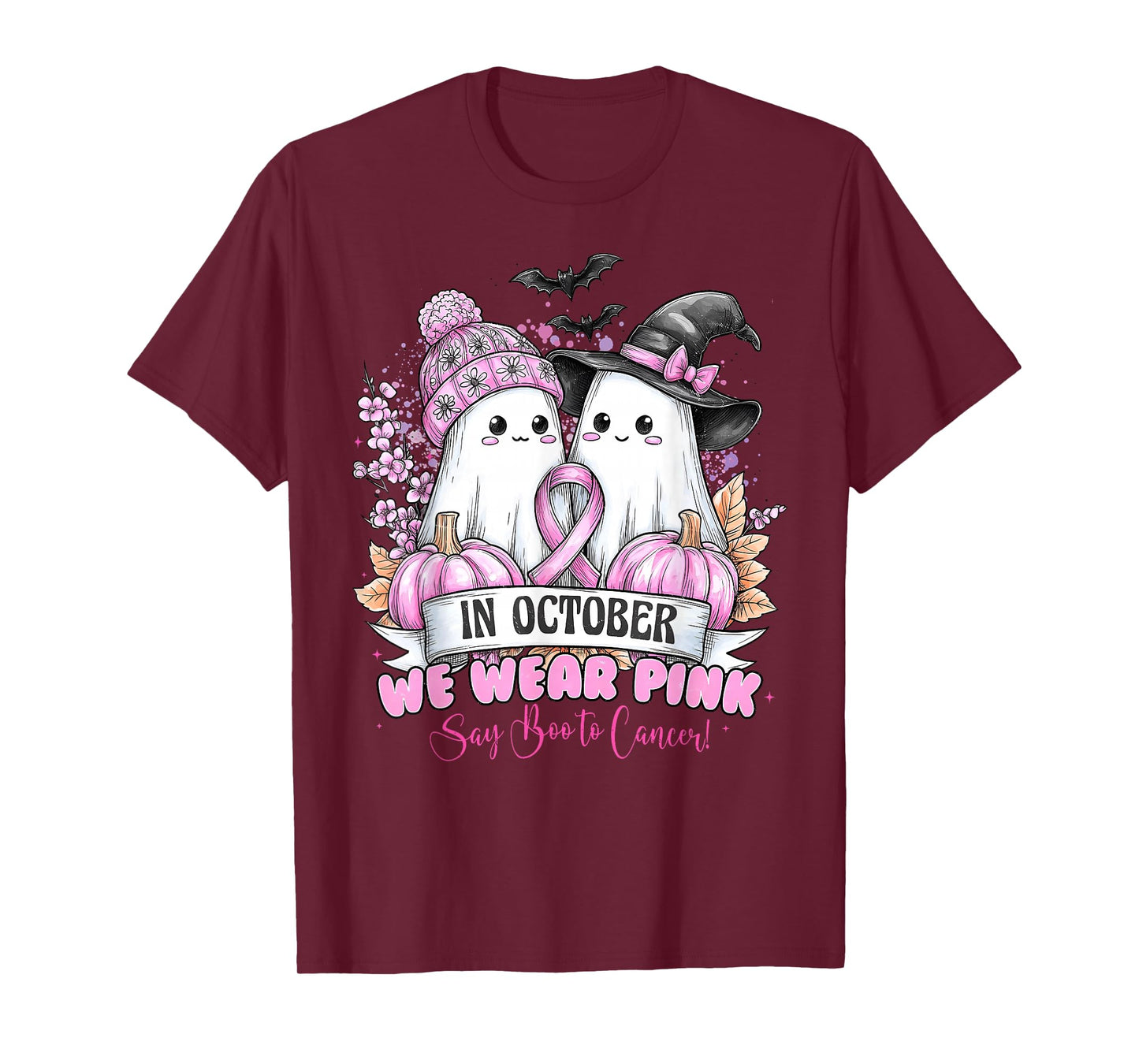 in October We Wear Pink Say Boo to Breast Cancer Ghost Witch T-Shirt
